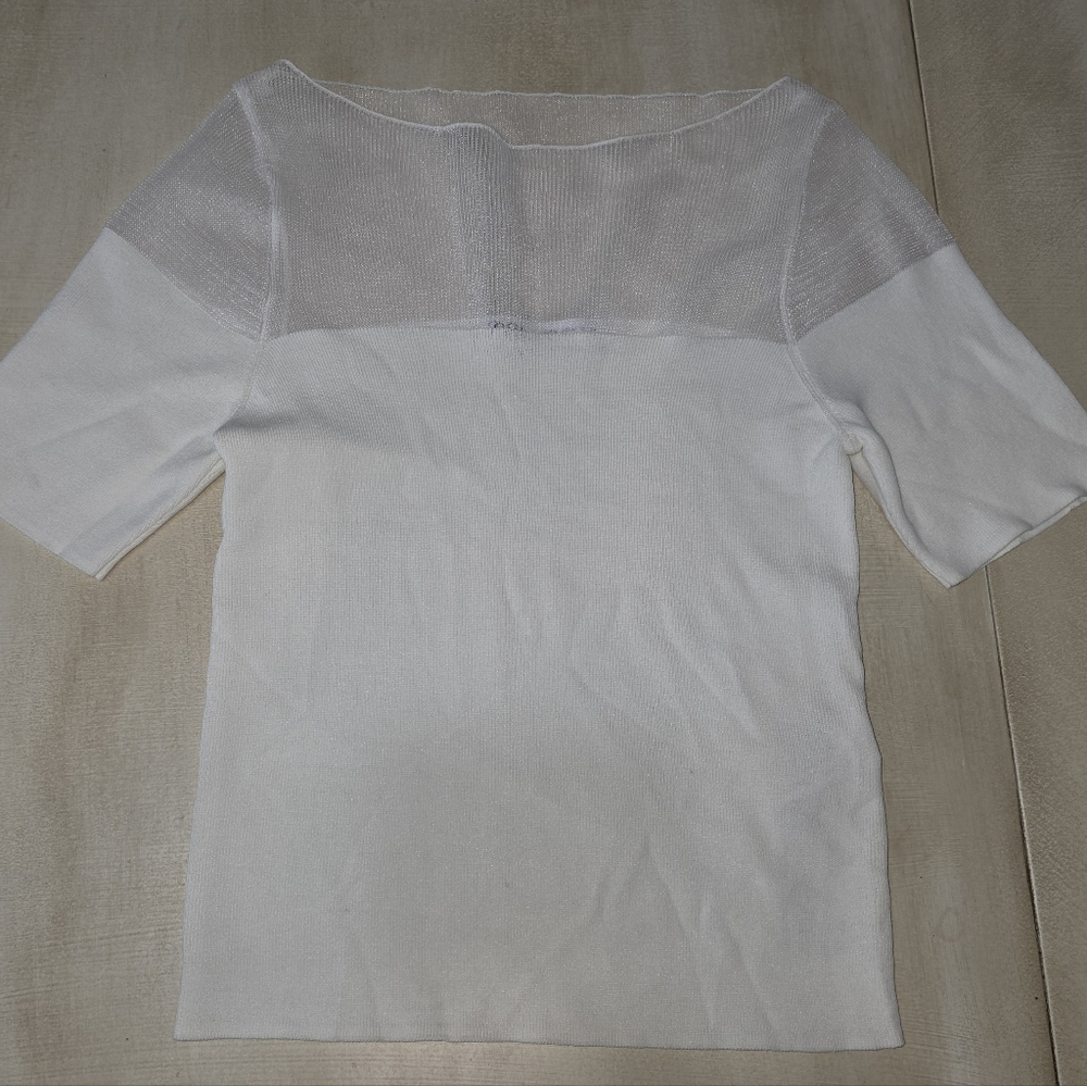 Zara White Sheer Mesh Yoke Ribbed Knit Top Short Sleeve Size Medium - Picture 3 of 9